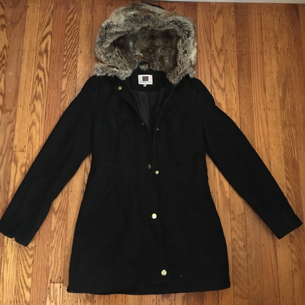 Laundry by Design black wool parka, fur lined hood